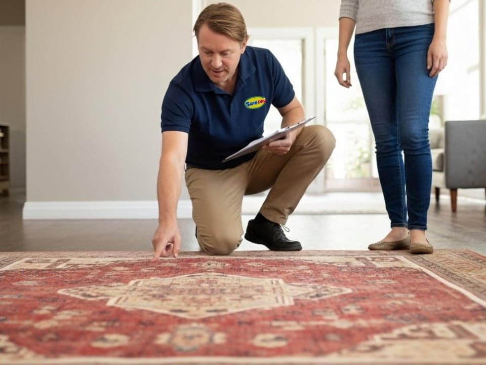 Safe-Dry technician checking a rug with a Katy, TX homeowner before cleaning
